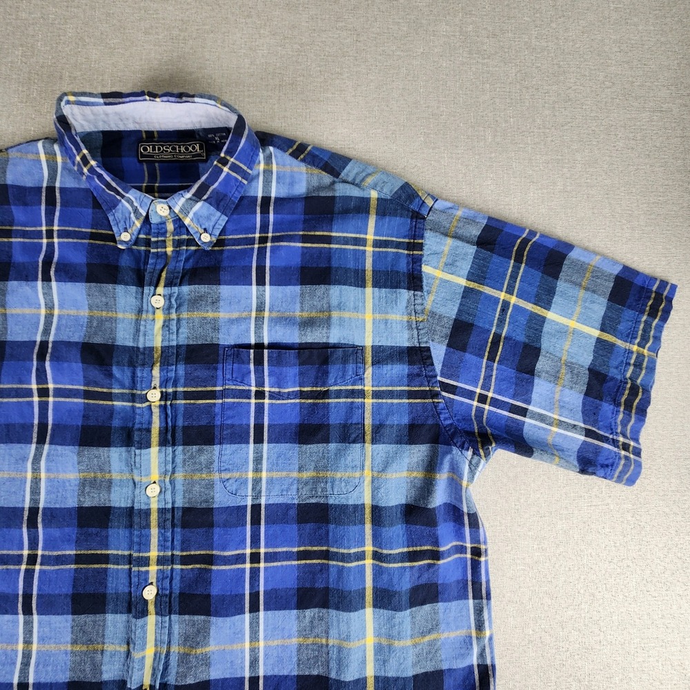 VTG 90s Old School Clothing Co. Blue Gold Plaid Button Down XL Grunge Skater EUC